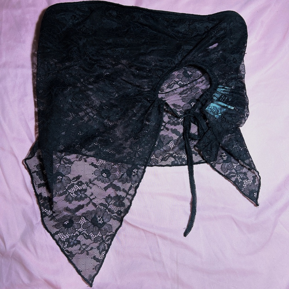 black lace wrap top w tie detail